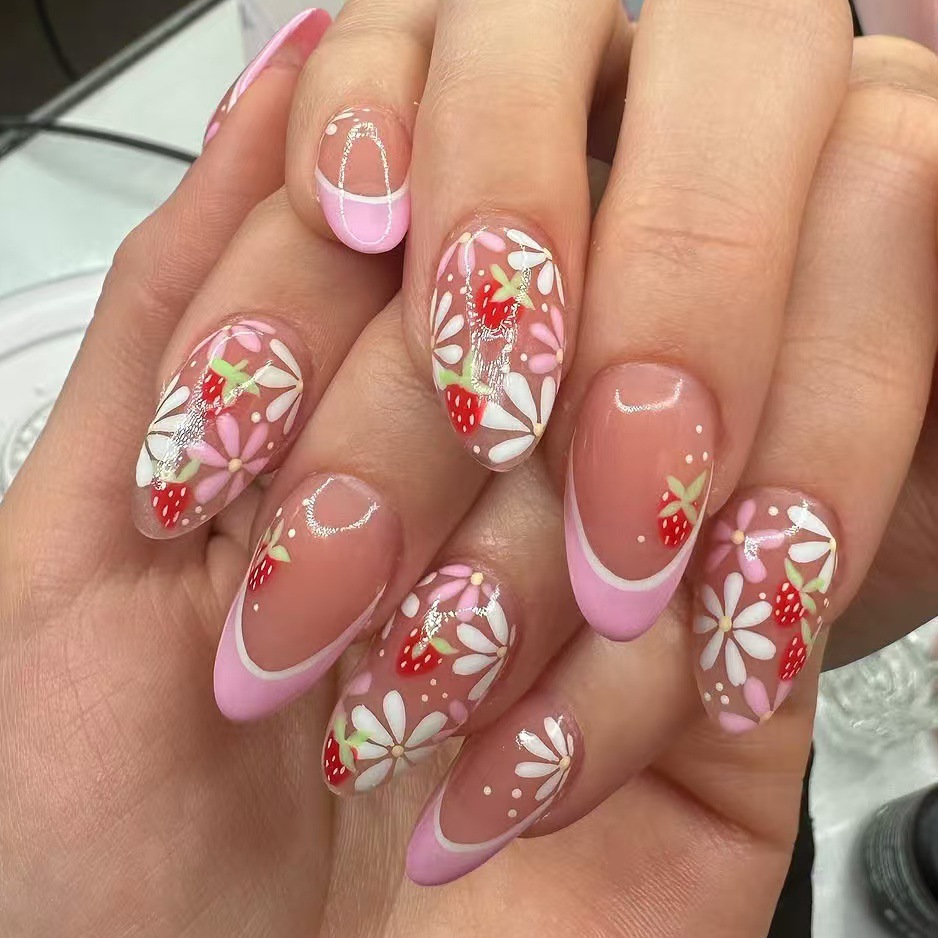 Resin Art Flowers - 24pcs Ins Short Almond False Nails