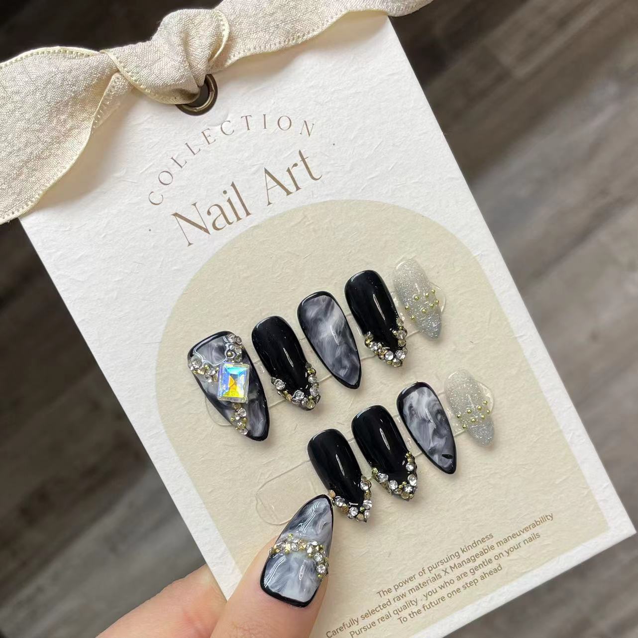 Handmade Press on Nails Black  - Resin Art Glitter reseña y precio