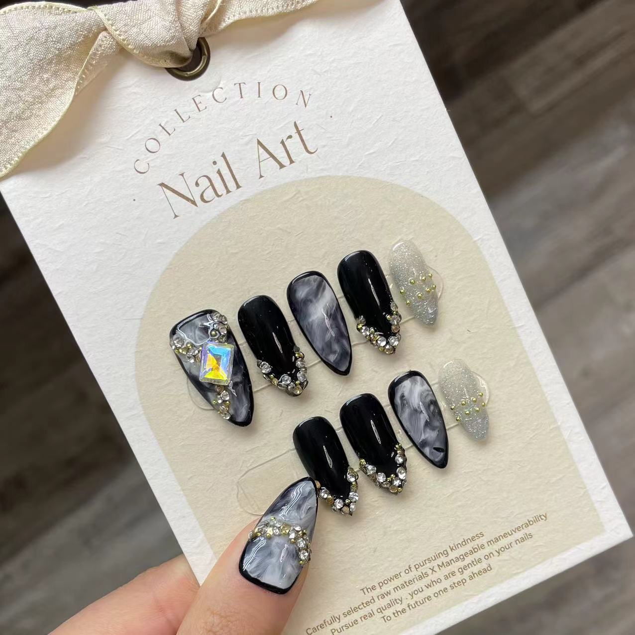 Handmade Press on Nails Black  - Resin Art Glitter reseña y precio